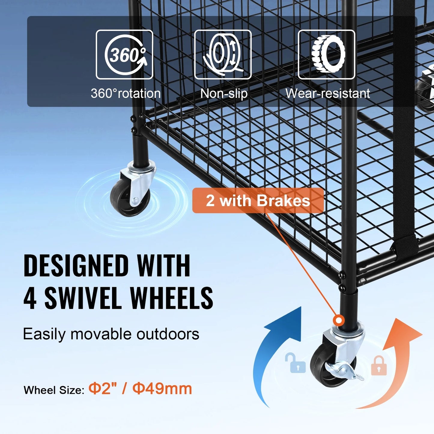 Rolling Sports Ball Storage Cart Garages Sports Equipment Organizer Steel