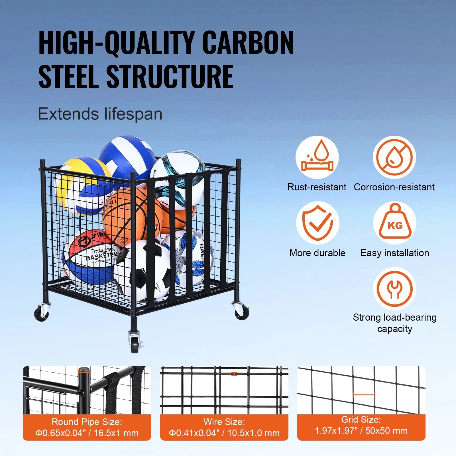 Rolling Sports Ball Storage Cart Garages Sports Equipment Organizer Steel